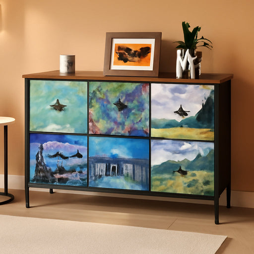 6 Drawer Dresser for Bedroom Van Gogh Chest of Drawers Wide TV Stands Fabric Storage Drawer Unit for Living Room Entryway Closet Sturdy Steel Frame Wood Top
