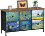 6 Drawer Dresser for Bedroom Van Gogh Chest of Drawers Wide TV Stands Fabric Storage Drawer Unit for Living Room Entryway Closet Sturdy Steel Frame Wood Top