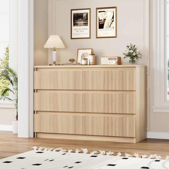 6 Drawer Fluted Dresser, Modern Chest of Drawers for Bedroom with Hidden Handles, Wood Storage Organizer Cabinet for Living Room & Entryway, Oak (15.7" D X 47.3" W X 31.6" H)