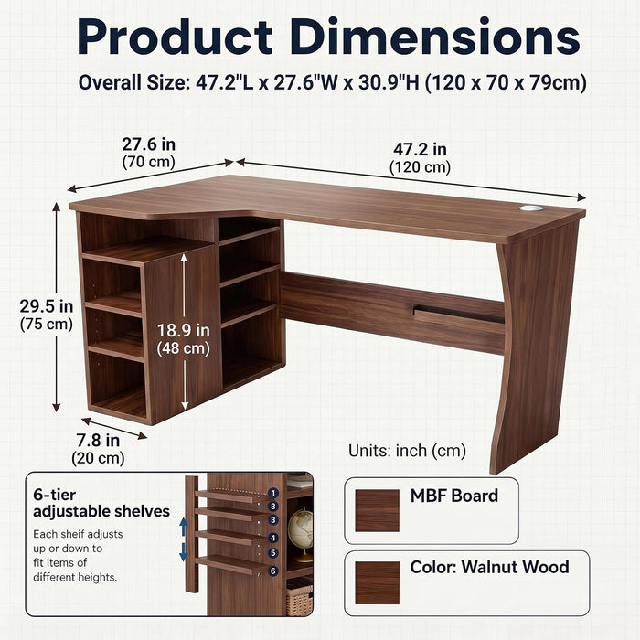 L Shaped Desk with Storage Shelves, Small Corner Desk for Small Spaces, Corner Table with 3 Tier Shelves, Home Office, Writing Study Gaming Desk, Walnut Wood