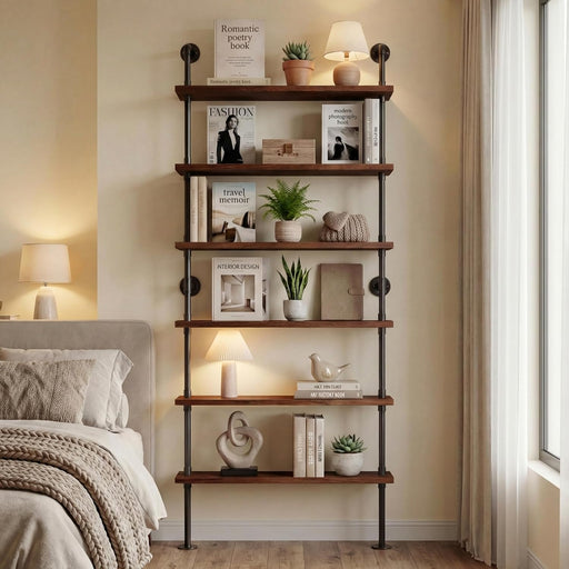 Industrial Pipe Bookshelf, Wall Mounted Shelf, 36 Inch, Walnut Brown | 6 Tier Open Bookcase, Solid Pine Wood, Black Iron Pipe Frame, 40 Lbs per Shelf, for Books, Kitchen, Office Decor