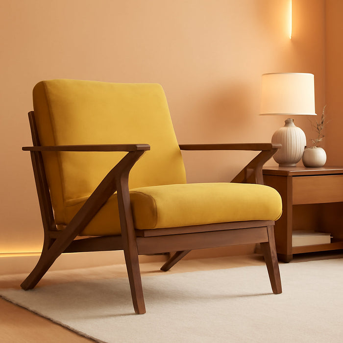 Zola Mid Century Modern Accent Chair Arm Chair, Living Room Furniture, Gold Velvet/Walnut