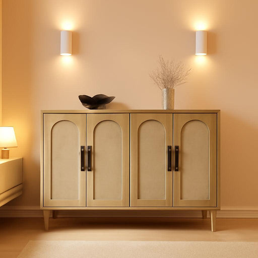 Rattan Sideboard Buffet Cabinet, Wooden Side Board Accent Buffet with Power Outlet, Wood Sideboard with 4 Doors, BOHO Cabinet for Entryway, Hallway, Dining Room, Living Room, Coffee Bar (Wood)