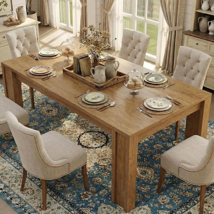 71" Long Dining Table for 6-8, Farmhouse Rectangular Wood Kitchen Table with Wide H-Legs & Thick Top, Sturdy Wood Strip Frame, Dining Room Table for Dinner, Apartment, Kitchen, Natural