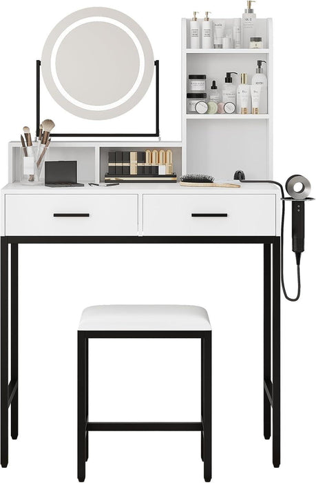 Vanity Desk with Rotating Mirror & Adjustable Light, Makeup Dressing Table with Power Outlet, 2 Drawers & Shelves, Includes Stool for Bedroom, White & Black