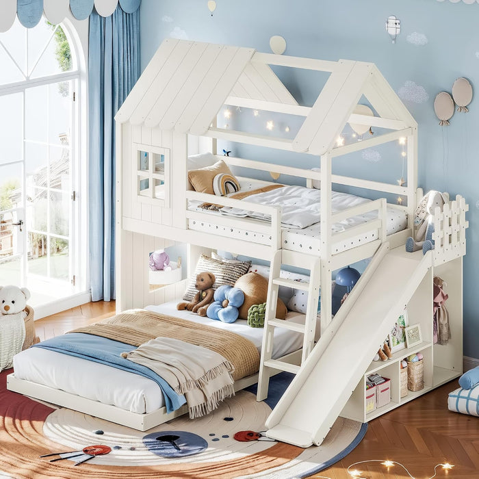 NaturalPineDurable TwinOverFull BunkBed WithSlide StorageChest Playhouse Framework