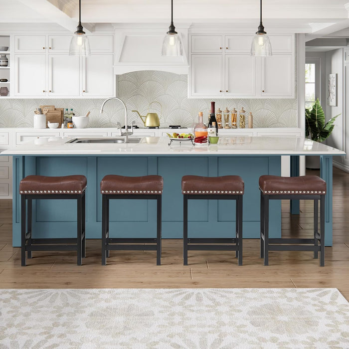 Bar Stools Set of 2, 24" Counter Height Bar Stools, Pu Leather Barstools Metal Frame for Kitchen Island, Saddle Barstools with Nailhead Trim, Brown