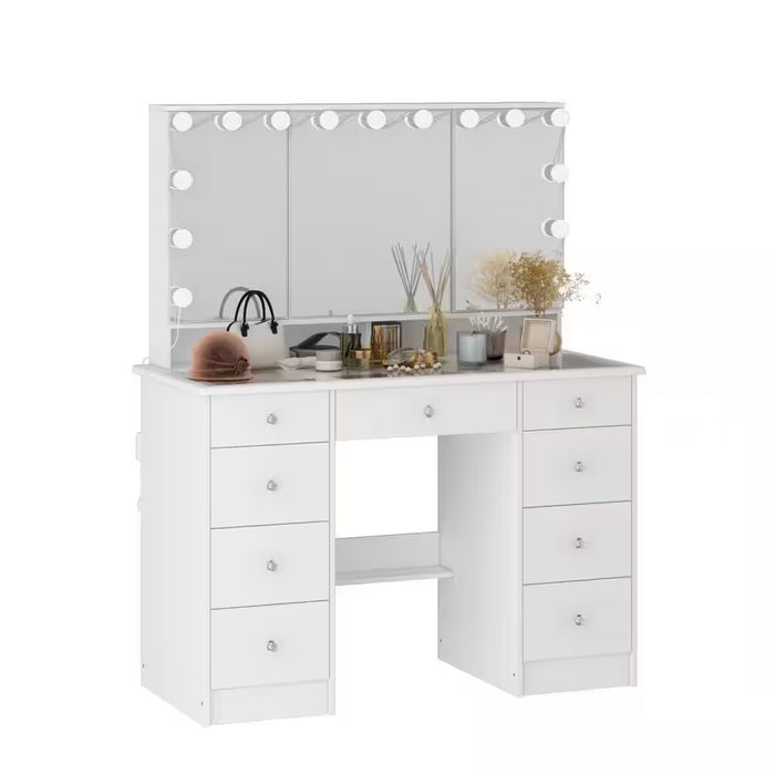 White Makeup Vanity Desk 9 Drawers Wood Dressing Table with 3 LED Bulb Light Mirrors, Glass Top, Hidden Storage Shelves