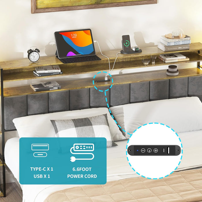 Upholstered Storage Headboard Queen Size Bed Frame - Farmhouse Metal Platform with Bookcase & Nightstand, Rustic Brown, Easy Assembly (No Box Spring Needed)