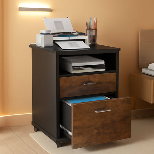 2 Drawer Mobile File Cabinet with Lock, Wood Modern Filing Cabinet for Letter Size, Printer Stand with Rolling Wheels and Open Storage Shelf for Home Office(Rustic Brown)
