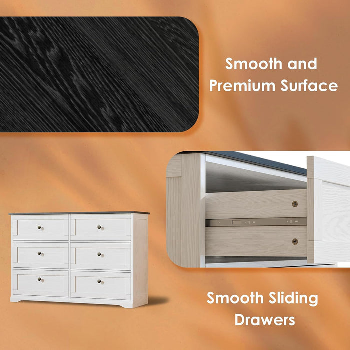 Dresser for Bedroom with 6 Drawers, 47.2" Wide Modern Chest of Drawers with Handle,Dresser TV Stand,White Dresser with Black Countertop for Living Room, Hallway