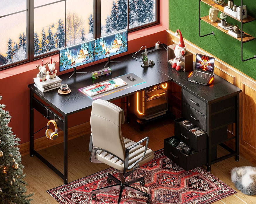 L Shaped Gaming Desk with 4 Drawers, 53" Reversible Home Office Desks with Power Outlets, L Shaped Computer Desk with USB Charging Port and Host Stand, Corner Desk, Easy to Assemble, Black