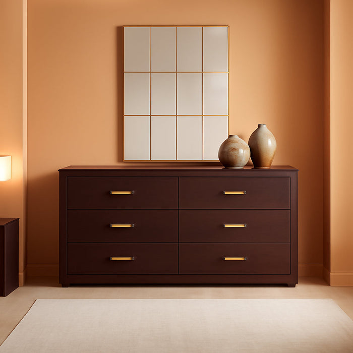 60" Wide Transitional 6-Drawer Dresser for Bedroom, Cacao Walnut