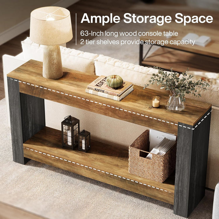 63-Inch Long Console Table for Entryway, Farmhouse Wood Sofa Table behind Couch for Living Room, Hallway, Entrance, Foyer, Rustic Brown & Black