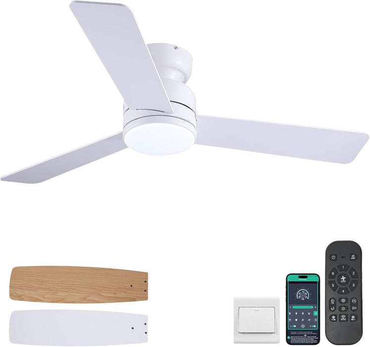 46 Inch Ceiling Fans with Lights and Remote/App Control, Low Profile Ceiling Fan with Light, Flush Mount, 3CCT, 3 Reversible Blades 6 Speeds Modern Ceiling Fan for Bedroom Living Room, White