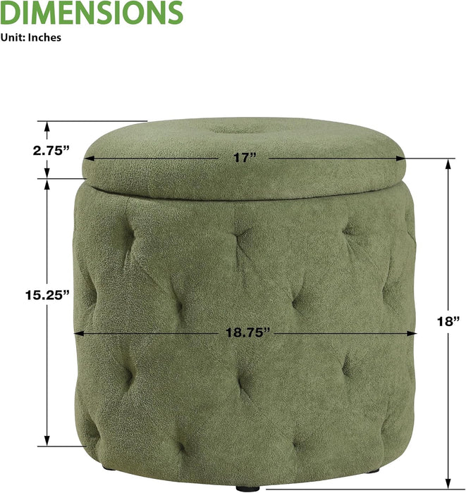 Erindale round Storage Ottoman, 18.75 Inch Diamond Tufted, Plush Lined Interior, Moss Green Fabric