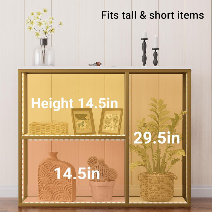 31.5" Narrow Console Table with 3-Tier Storage, Industrial Sofa Table for Entryway, Living Room & Hallway - Gold Marble Faux Top, Sturdy Metal Frame