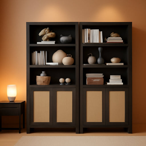 71" Tall Bookcase 5 Tier Rattan Bookshelf with Doors for Library | Farmhouse Storage Book Shelf with Adjustable Shelves Large Book Case Bookshelves for Living Room Home Office Bedroom Kitchen