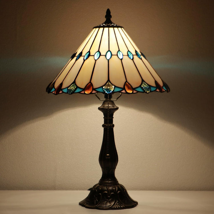 Tiffany Style Stained Glass Table Lamp Light Beige Jewelry 18.5 Inch