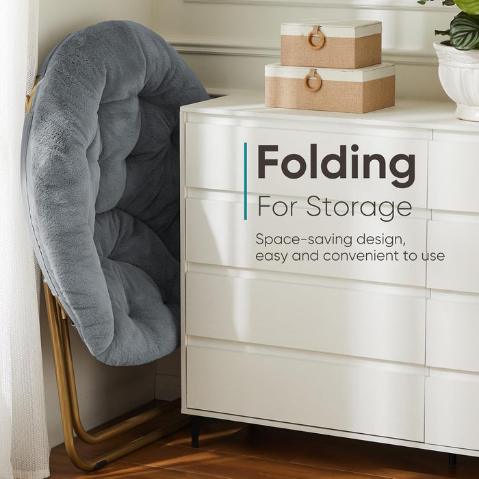 Comfy Saucer Chairs Cozy Faux Fur Soft Lounge Cute Folding Bedroom Living Room Seat Flexible Reading Foldable Seating for Kids Adults Thick Padded Metal Frame Modern for Home Office Classic Gray