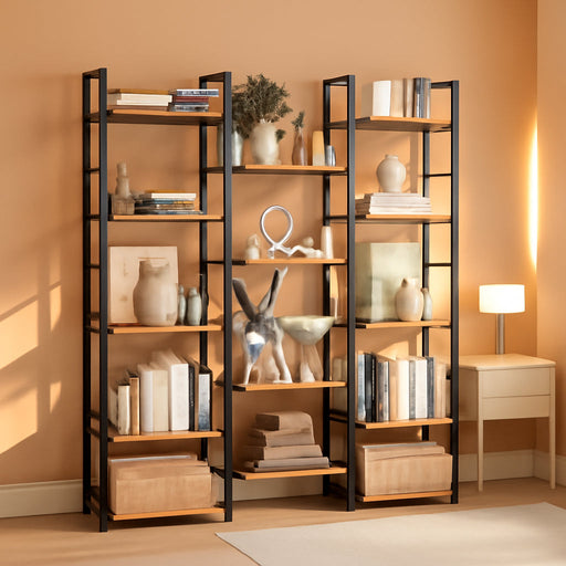 Triple Column 5 Tier Bookshelf, Industrial Large Bookcase Display Shelves, Large Etagere Bookshelf,Wide Book Shelf Book Case for Home & Office, Rustic Brown
