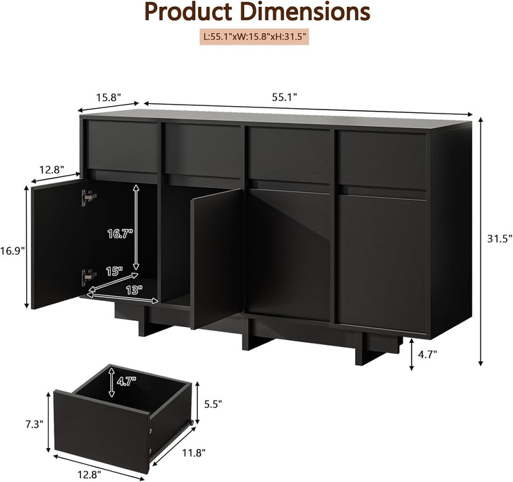 Black Sideboard Buffet Cabinet, 55" Mid Century Buffet Cabinet with 4 Drawers and 4 Doors, Wooden Coffee Bar Table for Kitchen
