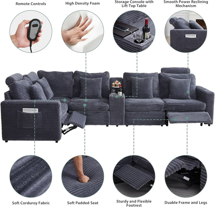 Oversized Modular Sectional Sofa with 2 Power Recliner, 5-Seater L-Shaped Corduroy Reclining Couch with Storage Console Charging Cup Holders, Fluffy Reclining Couches for Living Room,Grey