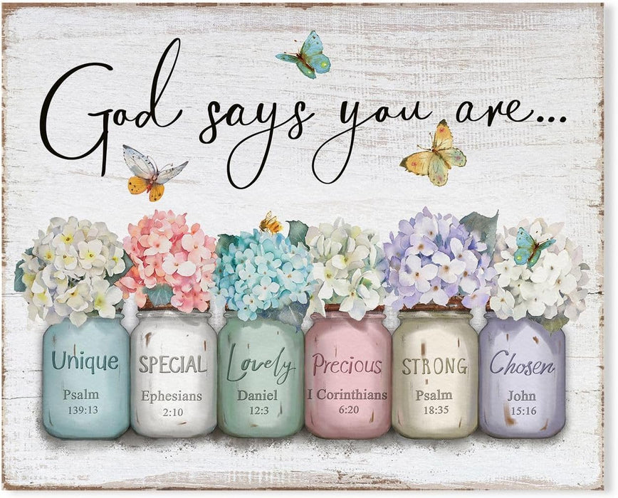 Inspirational Bible Verse Wall Art: God Says You Are Wall Sayings Flowers in Mason Jar Picture Print Christian Gift Quotes Poster for Women Girl Bedroom Decor 12" X 15"