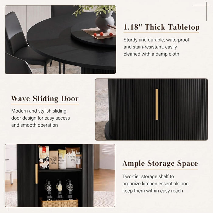 55" Fluted round Dining Table for 4-6, Mid-Century Modern Kitchen Table with Rotating Tray, 2-Tier Storage Shelf, Wood Sliding Doors and Pedestal Base, Black