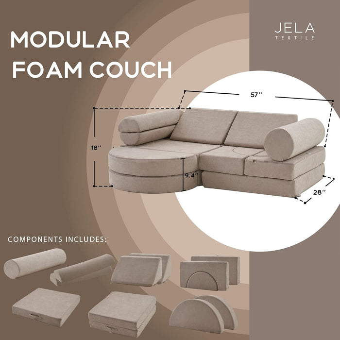 Kids Couch 14PCS Luxury, Floor Furniture for Adults, Playhouse Play Set for Toddlers Babies, Foam Modular Sectional Sofa (Taupe, 57''X28''X18'')