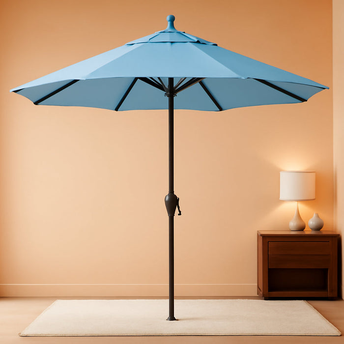 12-Year-Non-Fading, 9Ft Premium Sunbrella Patio Umbrella, Hand-Crank, Button-Tilt, Black Frame, Air Blue Fabric