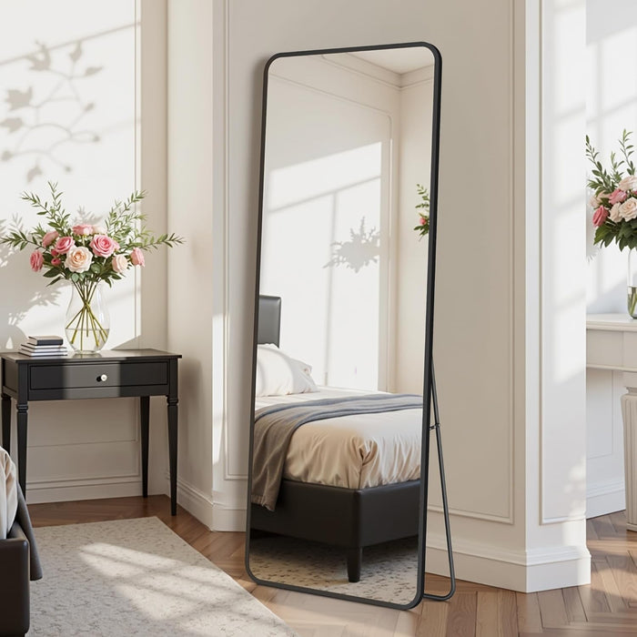 48"X14" Door Hanging Full Length Mirror, Floor Mirror Freestanding,Full Body Mirrors with Adjustable Stand for Bedroom Living Room Cloakroom, Rounded Rectangle, Black