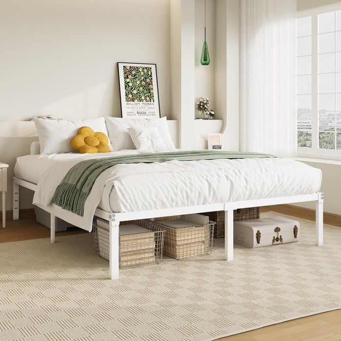 Full Size Bed Frame, 14 Inch Metal Beds with Storage Space, White