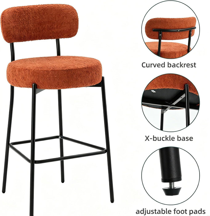 Bar Stools, 30 Inch Tall Bar Stools Set of 3, Boucle Upholstered Counter Height Bar Stools, Modern Bar Chairs Metal Frame with Back and Footrest for Kitchen Island,Orange Barstools