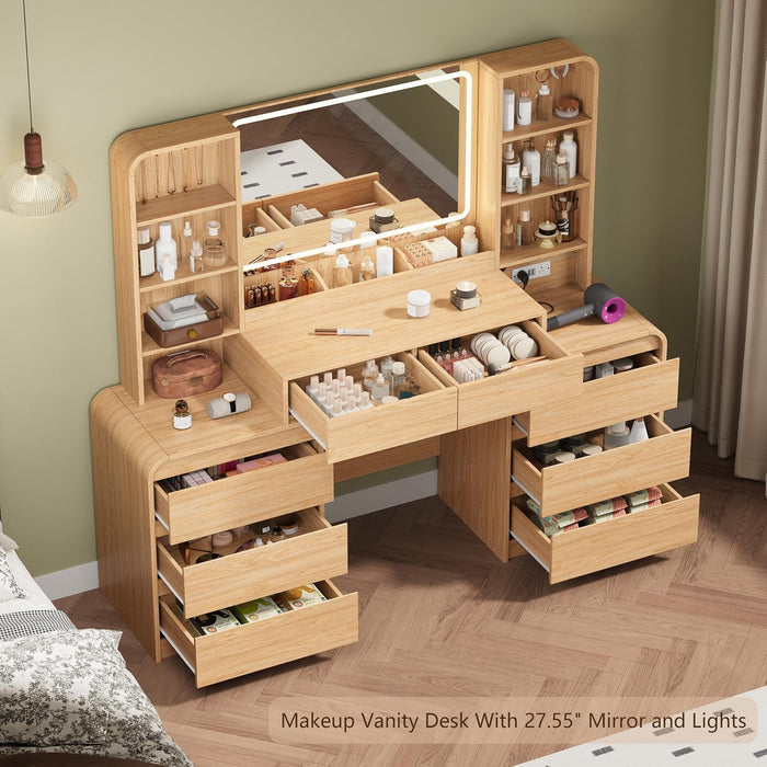 Large 62'' Makeup Vanity Desk with Mirror and Lights,Charging Station | Vanity with 8 Drawers, 6 Shelves, Smart LED Mirror, 3 Light Modes, Charging Hub, Stable Base, Spacious Storage