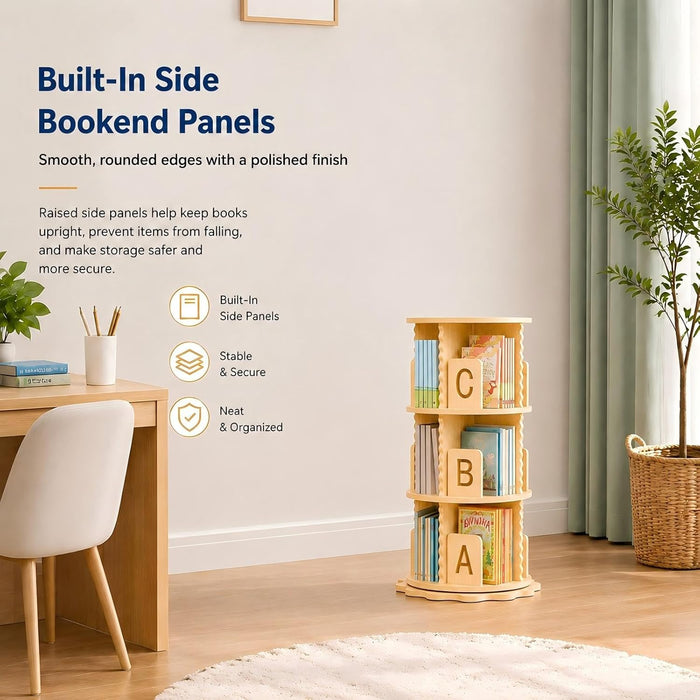 Rotating Bookshelf, 360° Spinning Bookcase for Small Spaces, Floor Standing Wooden Book Organizer, Narrow Corner Shelf for Bedroom, Study Room(3 Tier)
