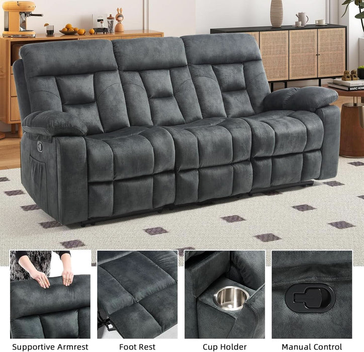 Reclining Sofa for Living Room, Extra Wide Modern Overstuffed 3 Seat Recliner Manual Sofa with Hidden Armrest Cup Holders, Soft Breathable Fabric and Padded Seat, Grey