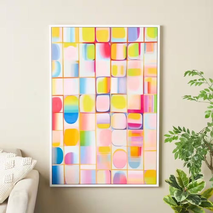 1- Panel Geometric Ombre Square Pop Art Framed Wall Art with White Frame 49 In. X 33 In.