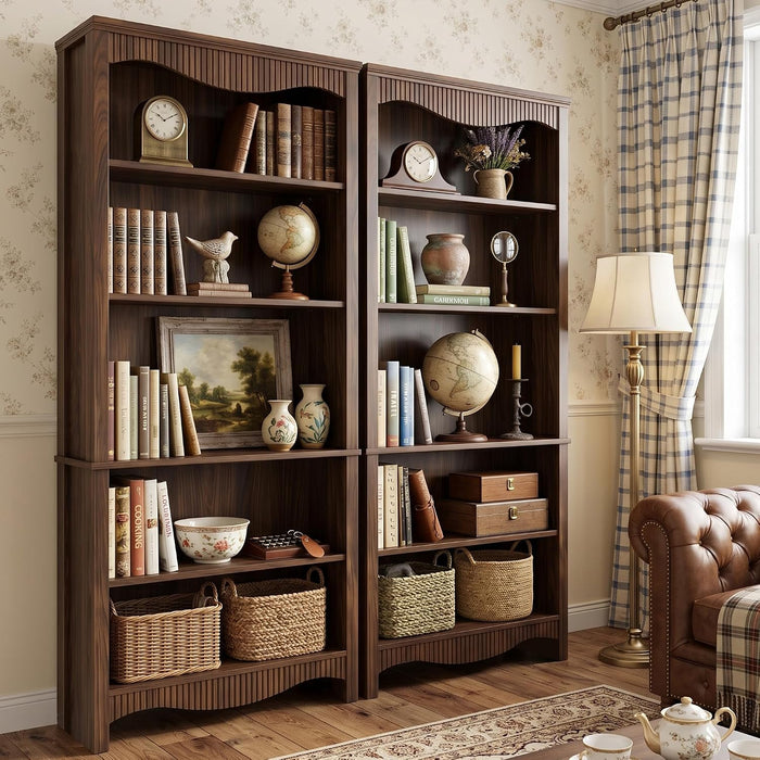 5-Tier Bookshelf, Mid-Century Bookcase,Fluted Wood Booklshelf, Walnut | Modern Bookcase with Classic Fluted Details, Freestanding Wood-Look Storage Rack for Home Office, Living Room, and Bedroom