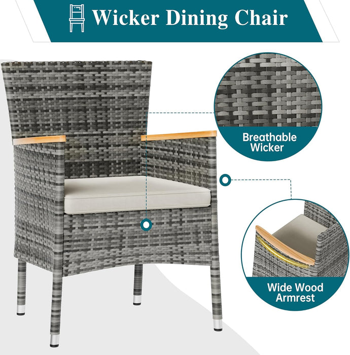 5 Piece Patio Dining Set, Wicker Patio Conversation Set with Wooden Table Top, Outdoor Table and Chairs with Soft Cushions for Backyard, Deck and Garden, Grey Wicker