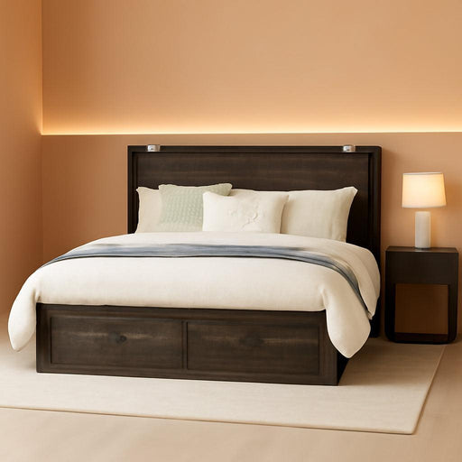 Queen Murphy Bed with Storage and Charging Station, Farmhouse Cabinet Bed, Noise-Free, for Guest Room, Apartment, or Office, Black Oak