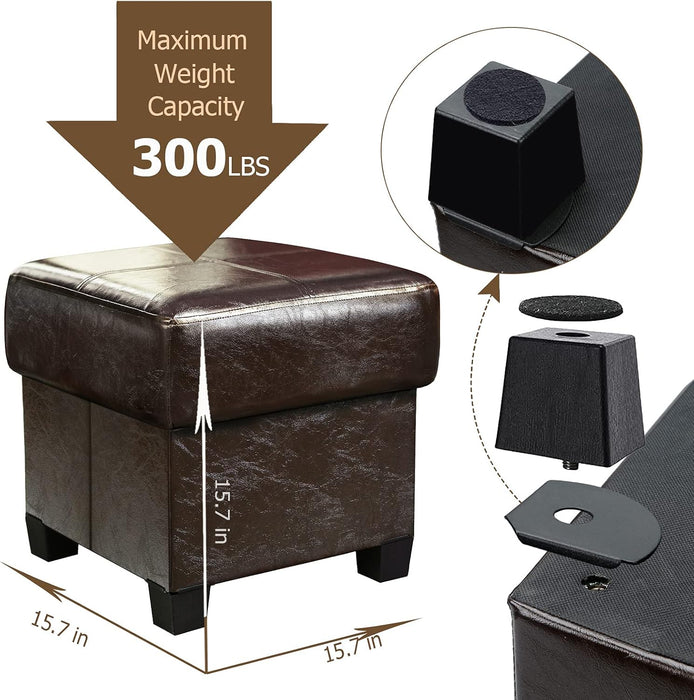 Storage Ottoman Cube Folding Footstool PU Leather Bench with Legs, Ottoman with Storage for Living Room, Bedroom, Brown