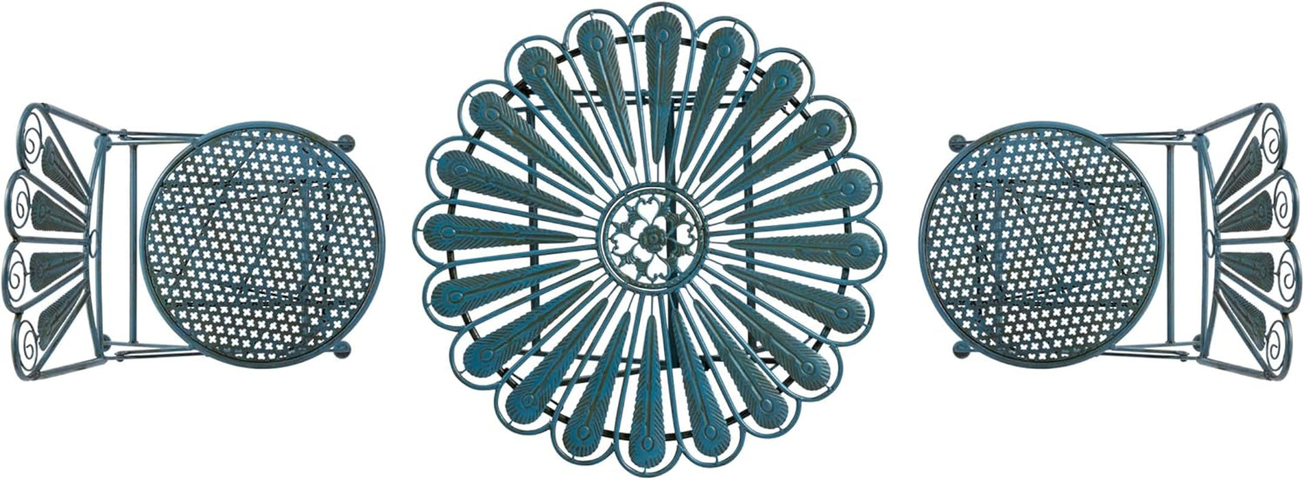 Indoor/Outdoor 3-Piece Peacock Feather Rustic Metal Bistro Set Patio Seating, Light Blue