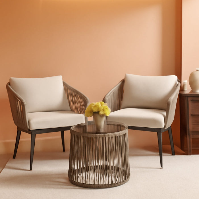 3 Piece Patio Rattan Bistro Conversation Set, Outdoor All Weather Wicker Furniture Chairs and Side Table Set, Ideal for Balcony, Porch and Backyard, Beige