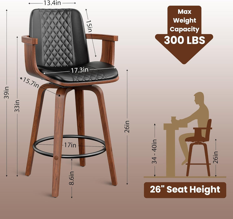 Swivel Bar Stools Set of 3, 26 Inch Bar Height Barstools with Arms and High Back, Upholstered PU Leather Counter Height Stools with Bentwood Wood Frame and Legs for Kitchen Island, Black