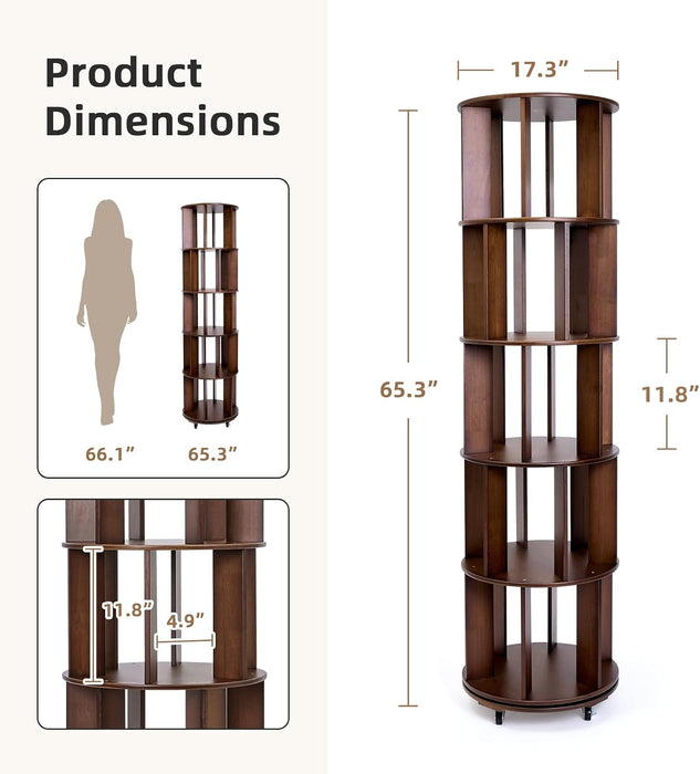 5-Tier Solid Wood Rotating Bookshelf on Wheels for Small Spaces