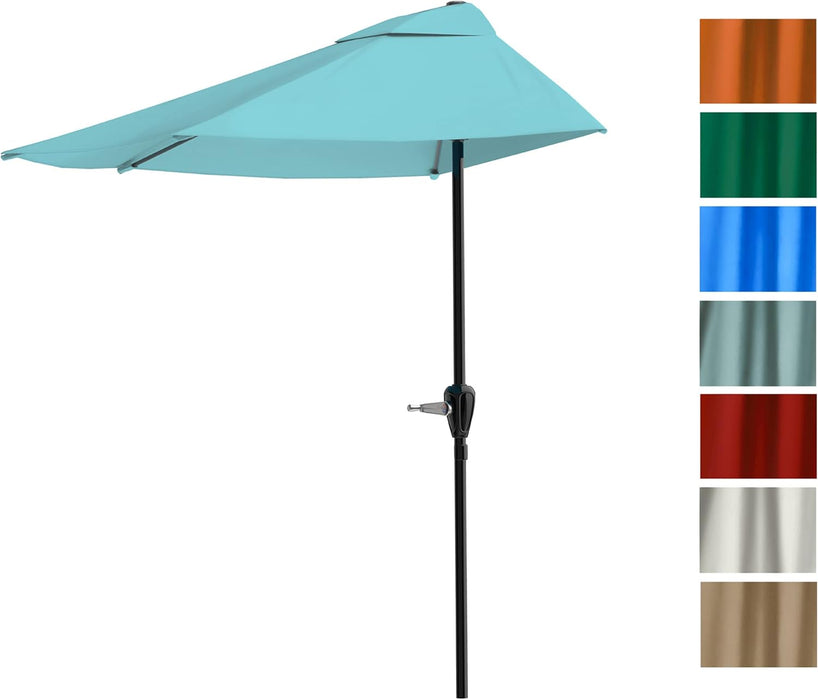 Half Umbrella Outdoor Patio Shade - 9 Ft Patio Umbrella with Easy Crank - Small Canopy for Balcony, Table, or Deck (Brilliant Blue)