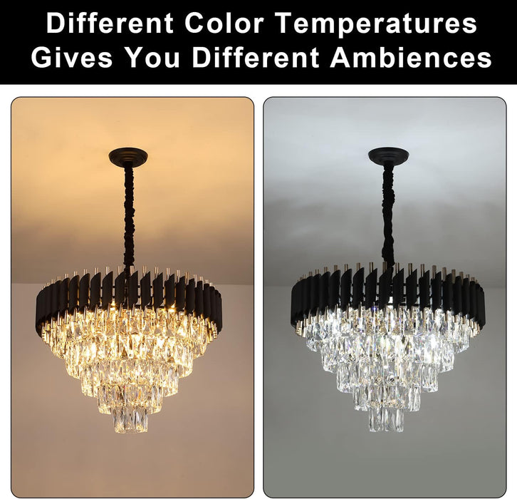 AXILIXI Crystal Chandelier Contemporary, 24" Modern Living Room Chandeliers, K9 Crystal Ceiling Lights Fixtures, round 5 Tiers Pendant Lighting Chandelier Black for Entryway Dining Room Staircase