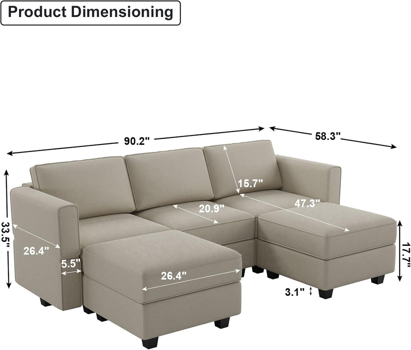 Modular Sectional Sofa U-Shaped, Velvet, Grey