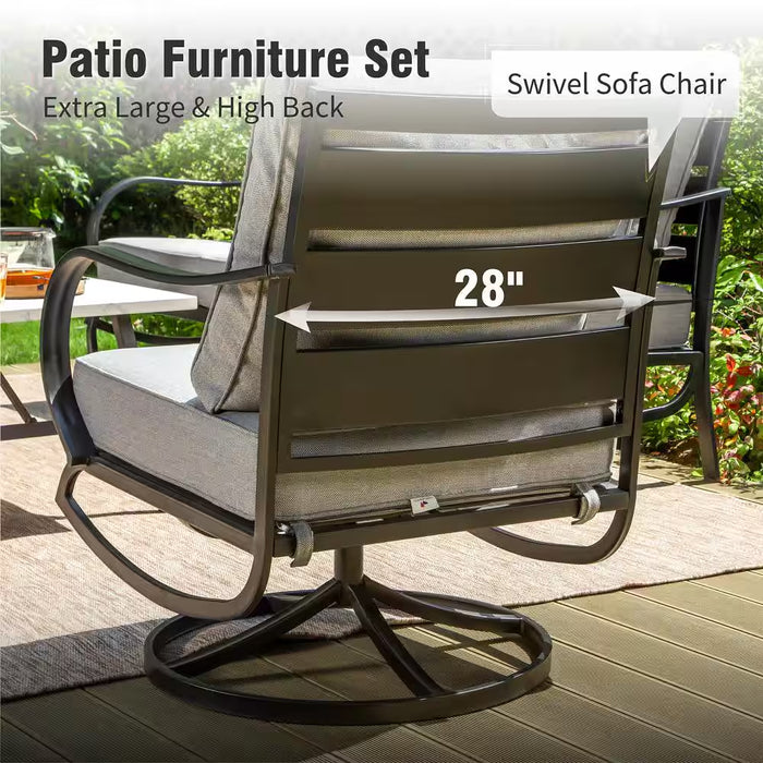 4 Seat 5-Piece Metal Outdoor Fire Pit Patio Set with Gray Cushions, Rocking Chairs and Square Fire Pit Table